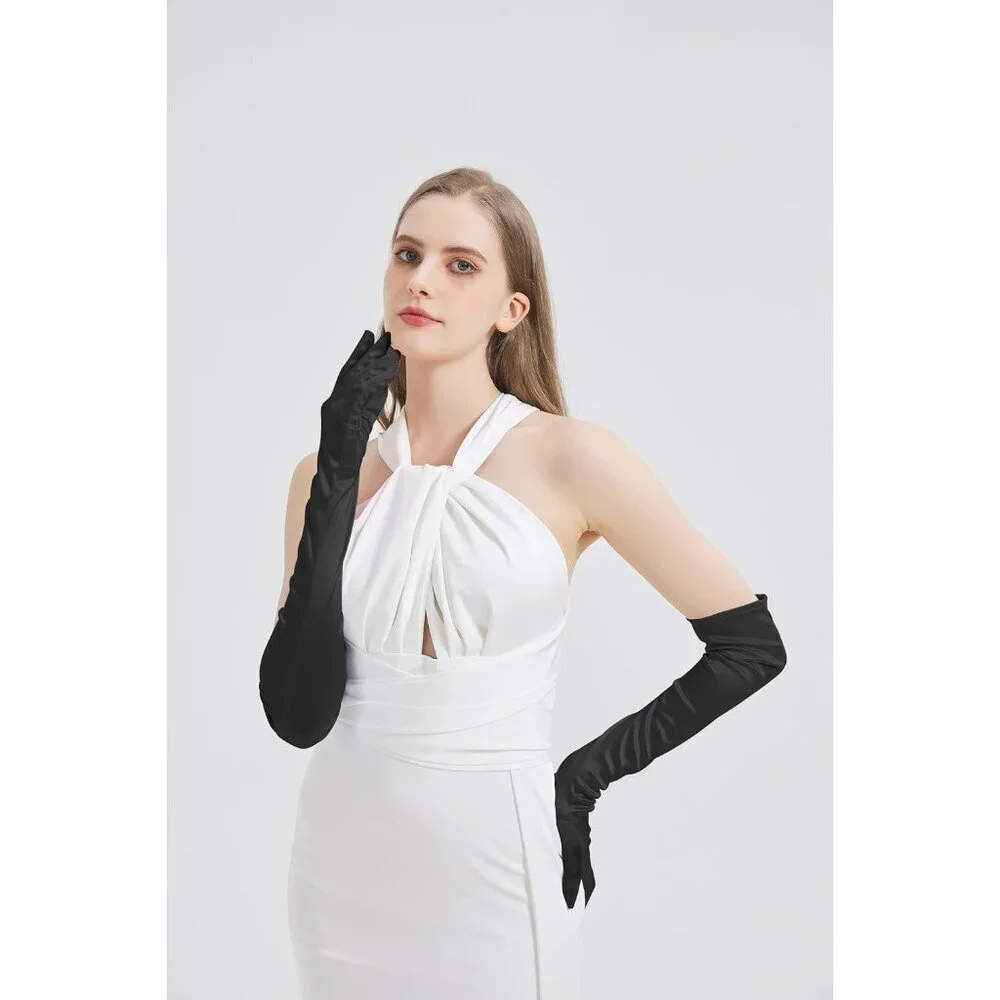 Women's Black Long Imported Satin Elbow Length Halloween Cosplay Opera Gloves